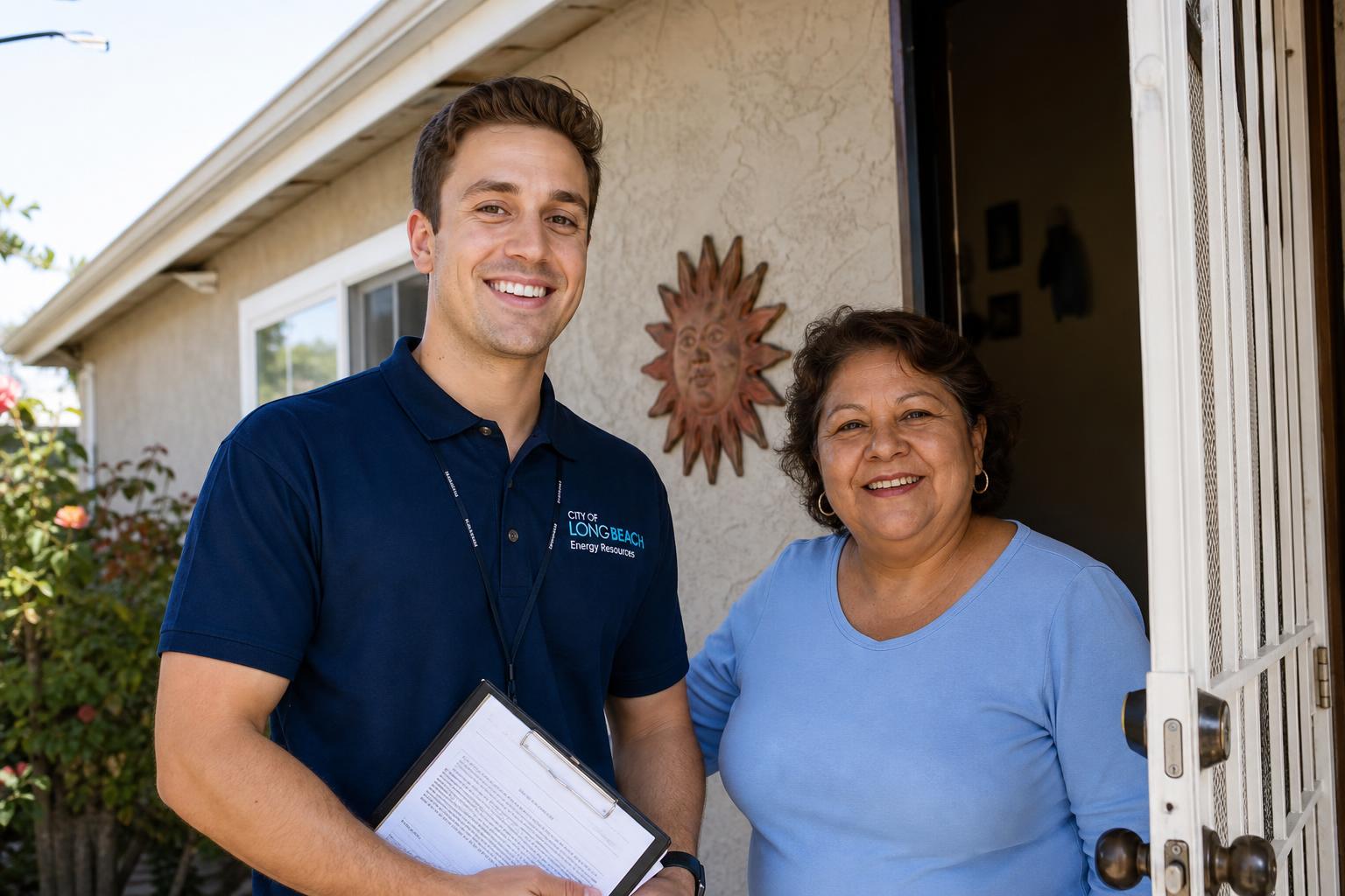 Professional home energy auditor inspecting a California home for air leaks and insulation gaps